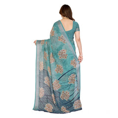 Mayawye Women's Georgette Printed Saree With Unstitched Blouse 5.5Mtr (Turquoise Green)
