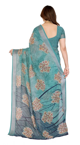Mayawye Women's Georgette Printed Saree With Unstitched Blouse 5.5Mtr (Turquoise Green)