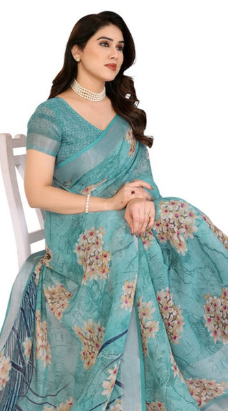 Mayawye Women's Georgette Printed Saree With Unstitched Blouse 5.5Mtr (Turquoise Green)