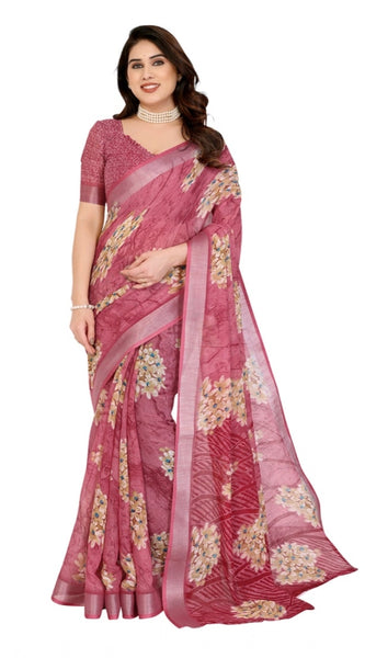 Mayawye Women's Georgette Printed Saree With Unstitched Blouse 5.5Mtr (Pink)