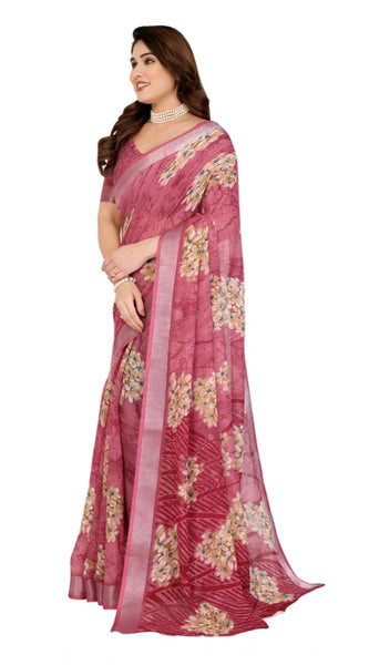 Mayawye Women's Georgette Printed Saree With Unstitched Blouse 5.5Mtr (Pink)