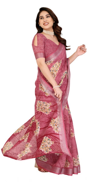 Mayawye Women's Georgette Printed Saree With Unstitched Blouse 5.5Mtr (Pink)