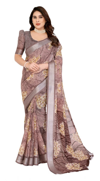 Mayawye Women's Georgette Printed Saree With Unstitched Blouse 5.5Mtr (Brown)