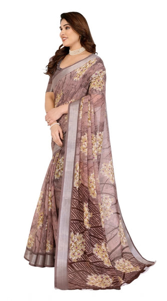 Mayawye Women's Georgette Printed Saree With Unstitched Blouse 5.5Mtr (Brown)