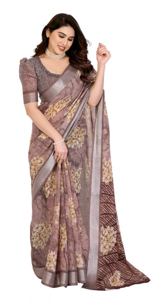 Mayawye Women's Georgette Printed Saree With Unstitched Blouse 5.5Mtr (Brown)