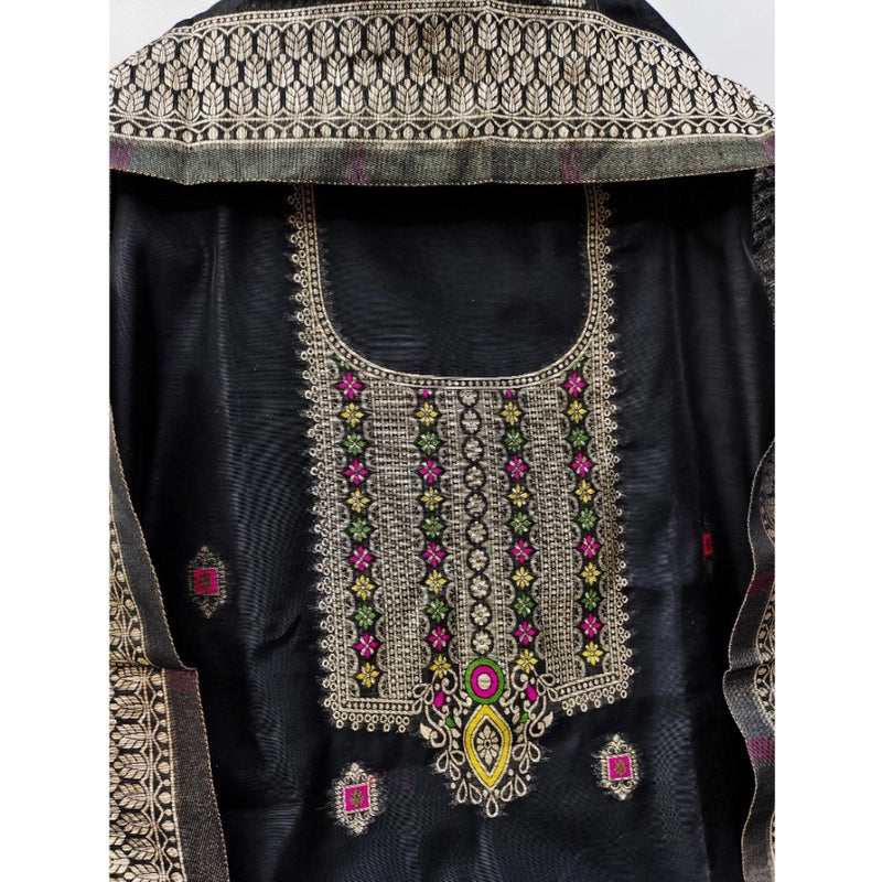 Mayawye Women's Banarasi Silk Printed Unstitched Salwar Suit Material With Dupatta (Black, 3Mtrs)