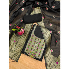 Mayawye Women's Banarasi Silk Printed Unstitched Salwar Suit Material With Dupatta (Black, 3Mtrs)