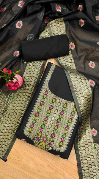 Mayawye Women's Banarasi Silk Printed Unstitched Salwar Suit Material With Dupatta (Black, 3Mtrs)