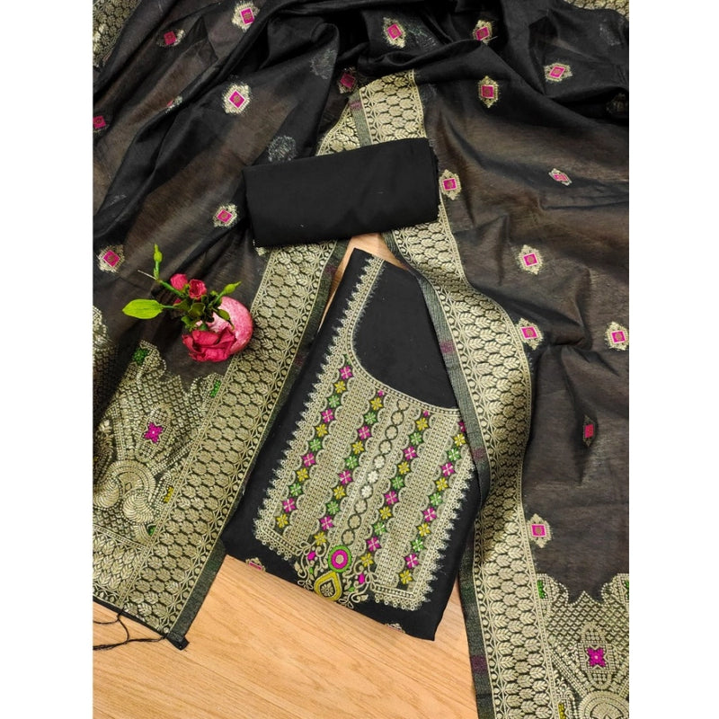 Mayawye Women's Banarasi Silk Printed Unstitched Salwar Suit Material With Dupatta (Black, 3Mtrs)