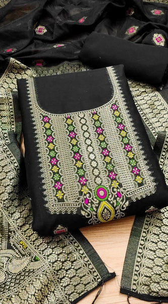 Mayawye Women's Banarasi Silk Printed Unstitched Salwar Suit Material With Dupatta (Black, 3Mtrs)