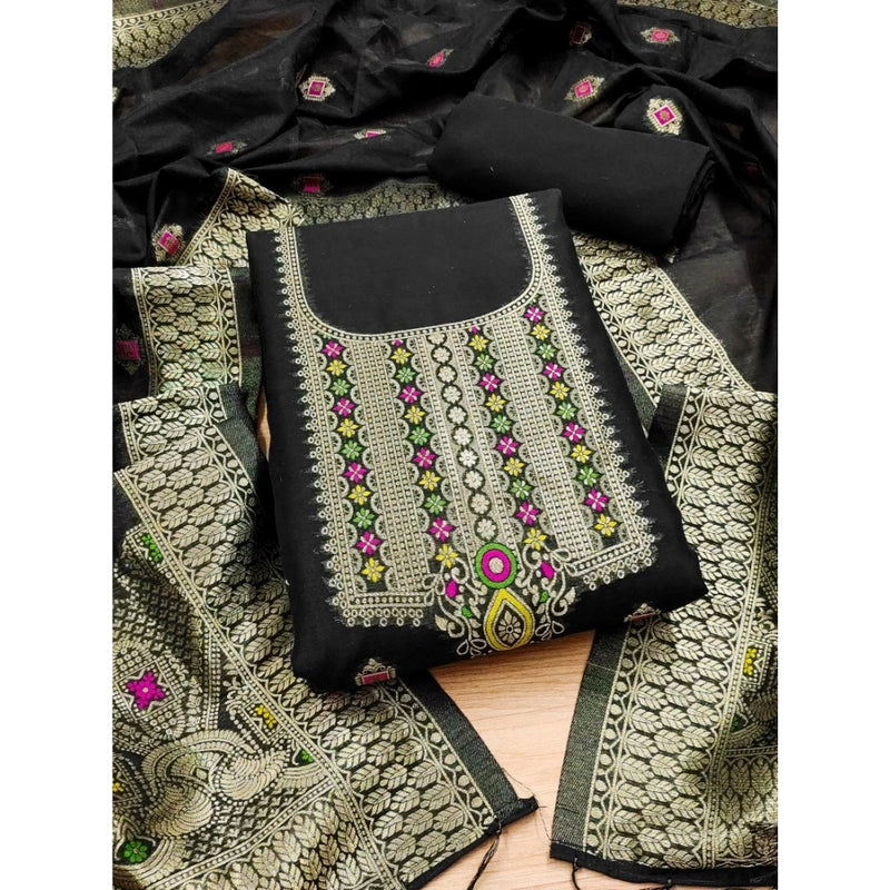 Mayawye Women's Banarasi Silk Printed Unstitched Salwar Suit Material With Dupatta (Black, 3Mtrs)