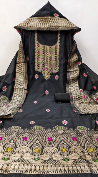 Mayawye Women's Banarasi Silk Printed Unstitched Salwar Suit Material With Dupatta (Black, 3Mtrs)