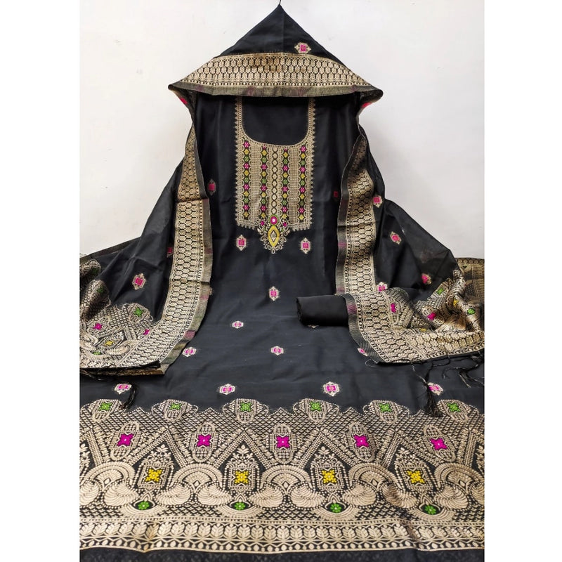 Mayawye Women's Banarasi Silk Printed Unstitched Salwar Suit Material With Dupatta (Black, 3Mtrs)