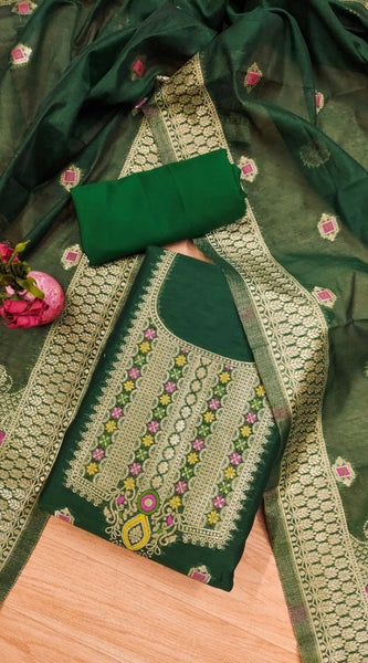 Mayawye Women's Banarasi Silk Printed Unstitched Salwar Suit Material With Dupatta (Bottle Green, 3Mtrs)