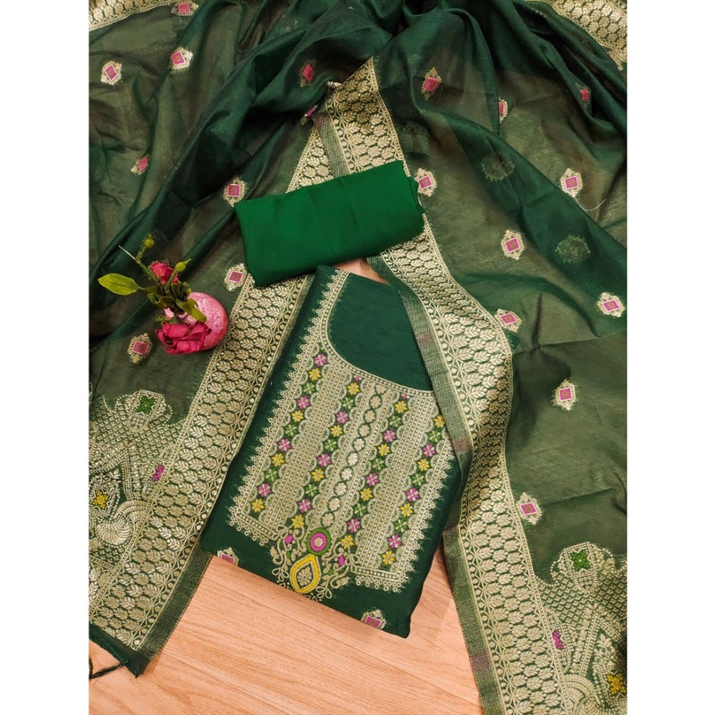 Mayawye Women's Banarasi Silk Printed Unstitched Salwar Suit Material With Dupatta (Bottle Green, 3Mtrs)