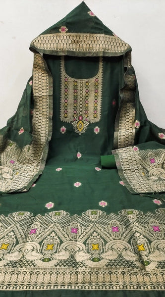 Mayawye Women's Banarasi Silk Printed Unstitched Salwar Suit Material With Dupatta (Bottle Green, 3Mtrs)