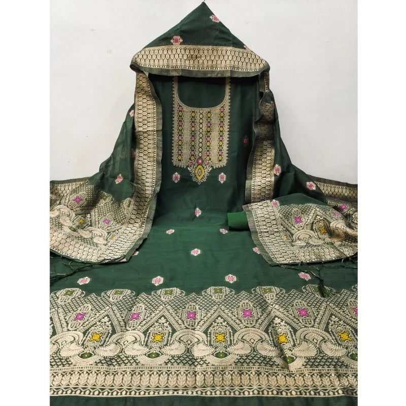 Mayawye Women's Banarasi Silk Printed Unstitched Salwar Suit Material With Dupatta (Bottle Green, 3Mtrs)