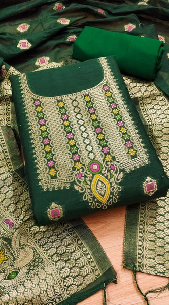 Mayawye Women's Banarasi Silk Printed Unstitched Salwar Suit Material With Dupatta (Bottle Green, 3Mtrs)