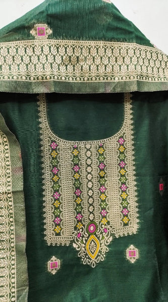 Mayawye Women's Banarasi Silk Printed Unstitched Salwar Suit Material With Dupatta (Bottle Green, 3Mtrs)