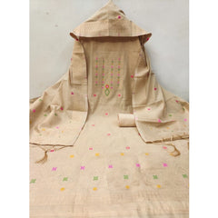 Mayawye Women's Banarasi Silk Printed Unstitched Salwar Suit Material With Dupatta (Cream, 3Mtrs)
