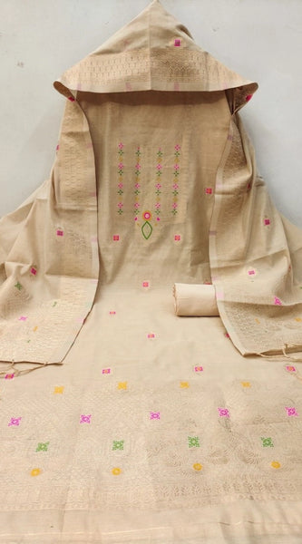 Mayawye Women's Banarasi Silk Printed Unstitched Salwar Suit Material With Dupatta (Cream, 3Mtrs)