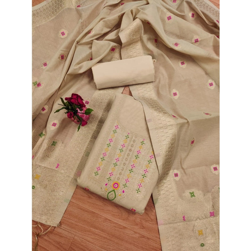 Mayawye Women's Banarasi Silk Printed Unstitched Salwar Suit Material With Dupatta (Cream, 3Mtrs)