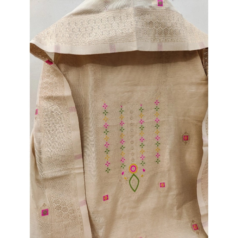 Mayawye Women's Banarasi Silk Printed Unstitched Salwar Suit Material With Dupatta (Cream, 3Mtrs)