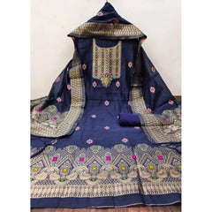 Mayawye Women's Banarasi Silk Printed Unstitched Salwar Suit Material With Dupatta (Navy Blue, 3Mtrs)