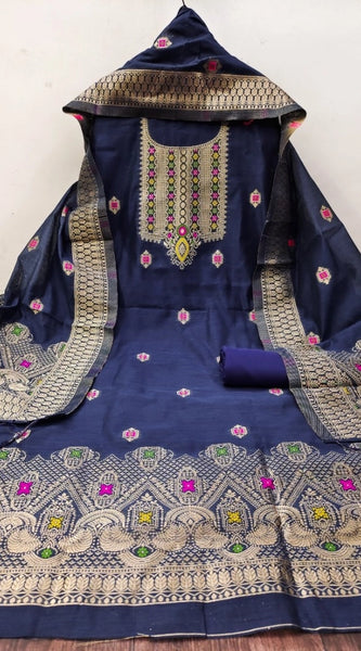 Mayawye Women's Banarasi Silk Printed Unstitched Salwar Suit Material With Dupatta (Navy Blue, 3Mtrs)