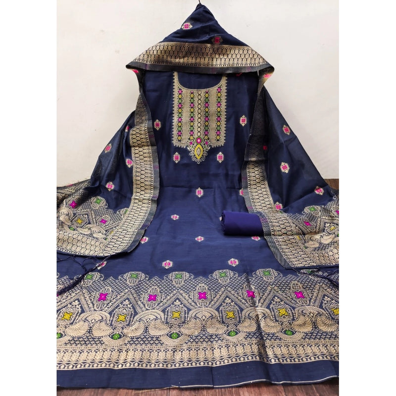 Mayawye Women's Banarasi Silk Printed Unstitched Salwar Suit Material With Dupatta (Navy Blue, 3Mtrs)