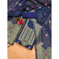 Mayawye Women's Banarasi Silk Printed Unstitched Salwar Suit Material With Dupatta (Navy Blue, 3Mtrs)
