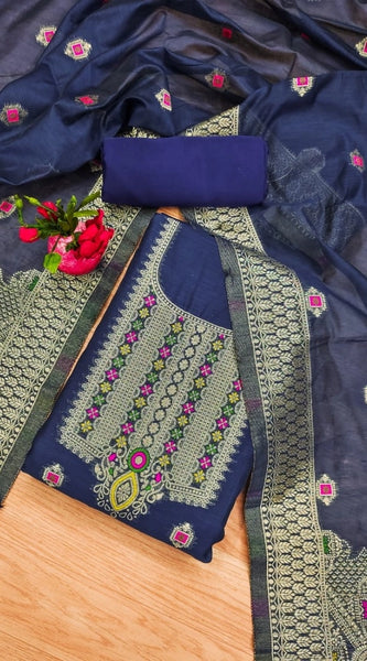 Mayawye Women's Banarasi Silk Printed Unstitched Salwar Suit Material With Dupatta (Navy Blue, 3Mtrs)