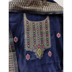 Mayawye Women's Banarasi Silk Printed Unstitched Salwar Suit Material With Dupatta (Navy Blue, 3Mtrs)
