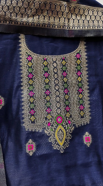 Mayawye Women's Banarasi Silk Printed Unstitched Salwar Suit Material With Dupatta (Navy Blue, 3Mtrs)