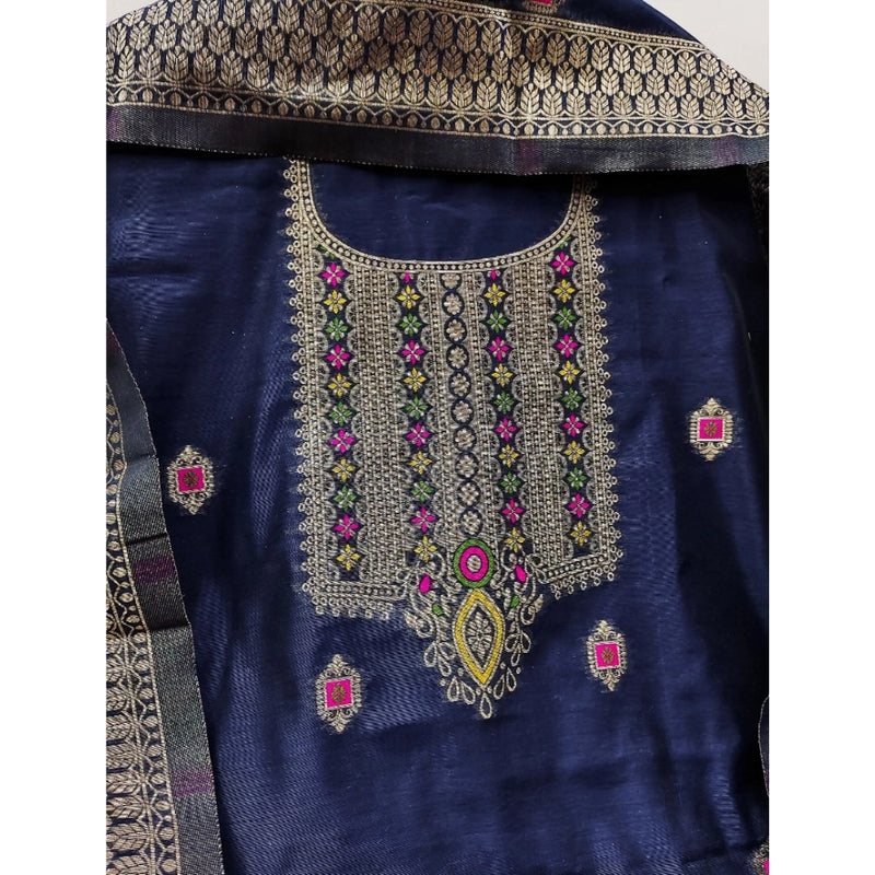 Mayawye Women's Banarasi Silk Printed Unstitched Salwar Suit Material With Dupatta (Navy Blue, 3Mtrs)