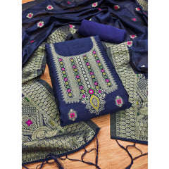 Mayawye Women's Banarasi Silk Printed Unstitched Salwar Suit Material With Dupatta (Navy Blue, 3Mtrs)