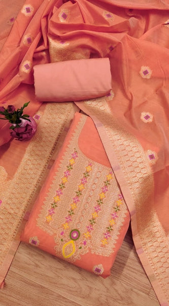 Mayawye Women's Banarasi Silk Printed Unstitched Salwar Suit Material With Dupatta (Peach, 3Mtrs)