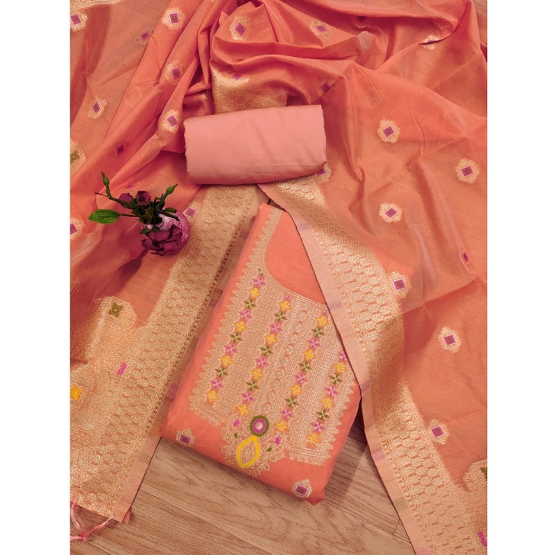 Mayawye Women's Banarasi Silk Printed Unstitched Salwar Suit Material With Dupatta (Peach, 3Mtrs)