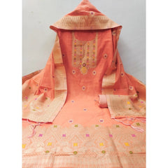 Mayawye Women's Banarasi Silk Printed Unstitched Salwar Suit Material With Dupatta (Peach, 3Mtrs)
