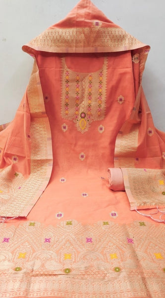 Mayawye Women's Banarasi Silk Printed Unstitched Salwar Suit Material With Dupatta (Peach, 3Mtrs)