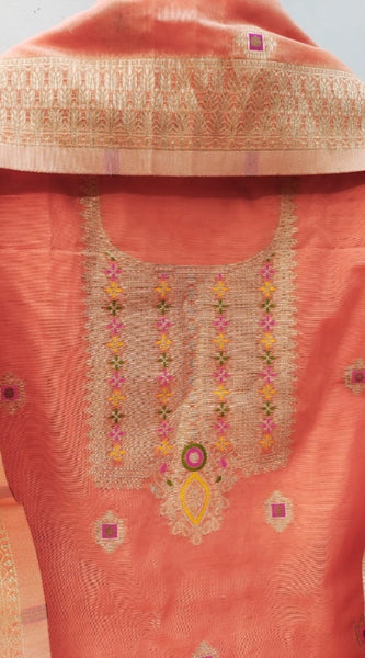 Mayawye Women's Banarasi Silk Printed Unstitched Salwar Suit Material With Dupatta (Peach, 3Mtrs)