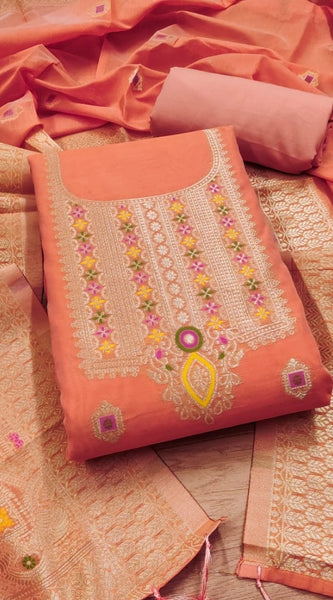 Mayawye Women's Banarasi Silk Printed Unstitched Salwar Suit Material With Dupatta (Peach, 3Mtrs)