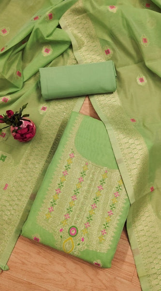 Mayawye Women's Banarasi Silk Printed Unstitched Salwar Suit Material With Dupatta (Pista, 3Mtrs)