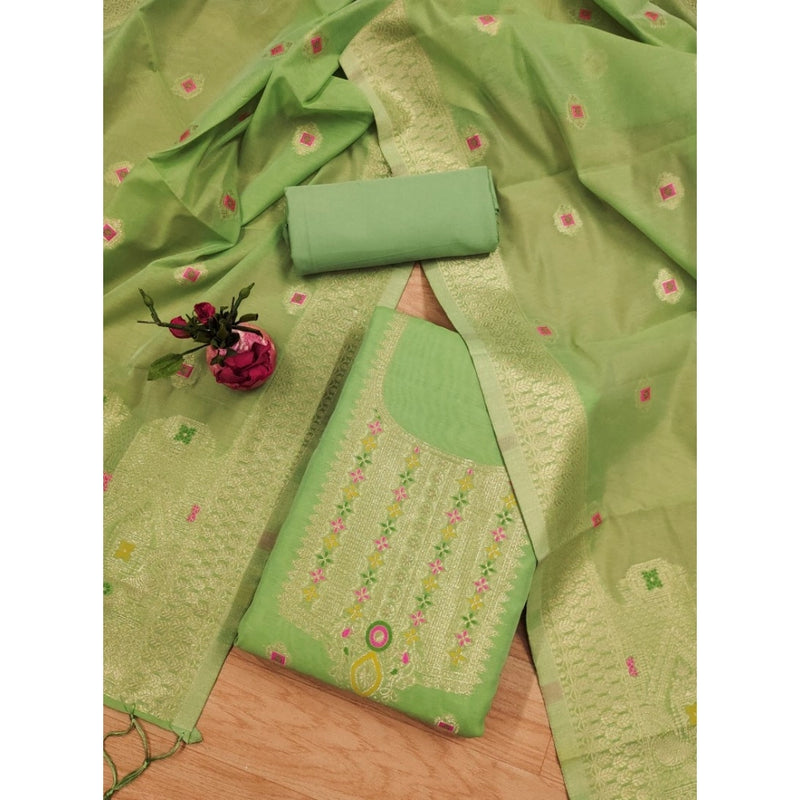 Mayawye Women's Banarasi Silk Printed Unstitched Salwar Suit Material With Dupatta (Pista, 3Mtrs)