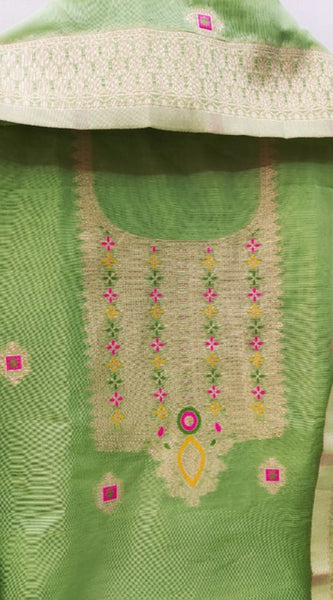 Mayawye Women's Banarasi Silk Printed Unstitched Salwar Suit Material With Dupatta (Pista, 3Mtrs)
