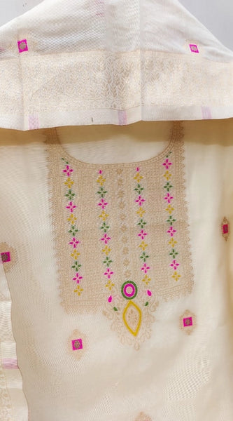 Mayawye Women's Banarasi Silk Printed Unstitched Salwar Suit Material With Dupatta (White, 3Mtrs)