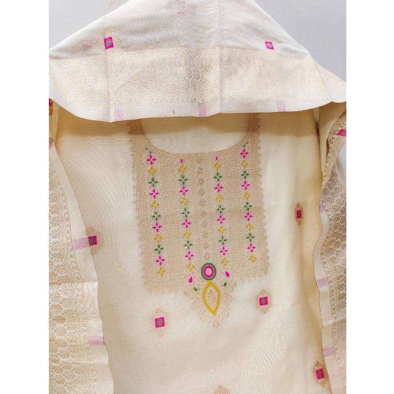 Mayawye Women's Banarasi Silk Printed Unstitched Salwar Suit Material With Dupatta (White, 3Mtrs)