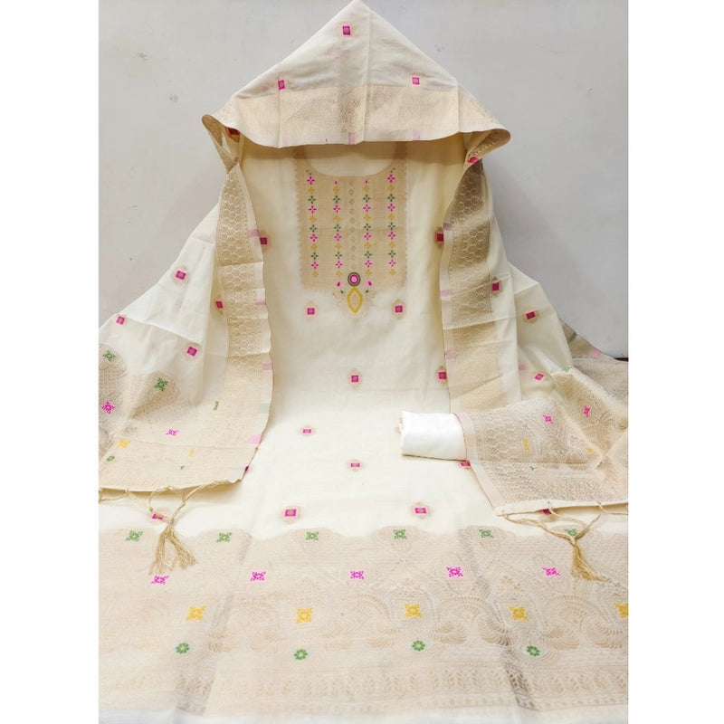 Mayawye Women's Banarasi Silk Printed Unstitched Salwar Suit Material With Dupatta (White, 3Mtrs)