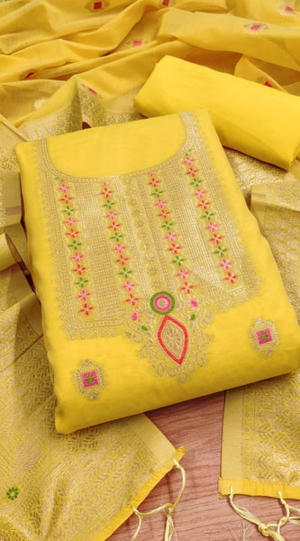 Mayawye Women's Banarasi Silk Printed Unstitched Salwar Suit Material With Dupatta (Yellow, 3Mtrs)