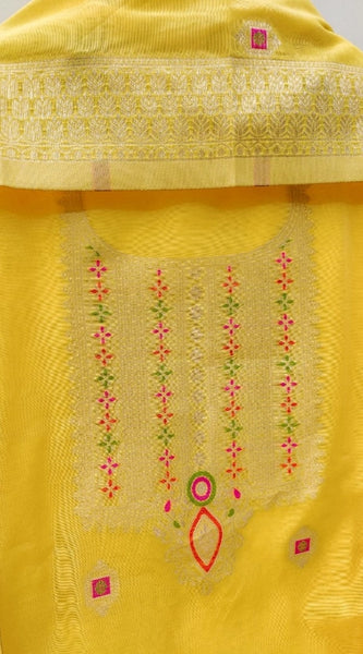 Mayawye Women's Banarasi Silk Printed Unstitched Salwar Suit Material With Dupatta (Yellow, 3Mtrs)